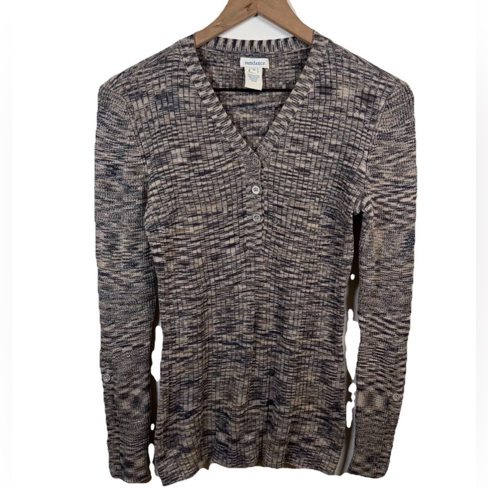 Sundance Create Beauty Henley V Neck Ribbed Sweater Gray Size Small Thermal Boho